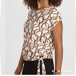 Laura Geometric Cap Sleeve Top Side Tie White Brown Pattern
